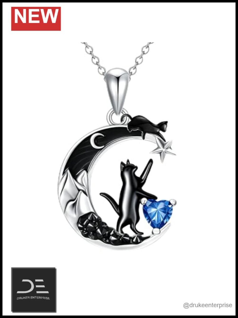 925 Sterling Silver Black Cat Pendant Necklace with Sapphire Birthstone Gothic